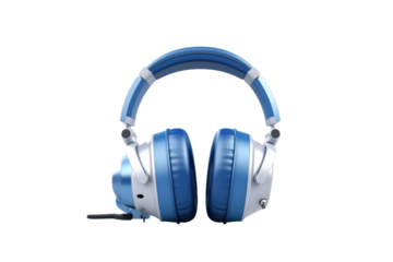 Blue and White Headphones. On a White or Clear Surface PNG Transparent Background..