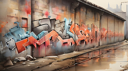 Graffiti on the wall, watercolor background