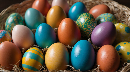 Fototapeta na wymiar Beautiful colorful easter eggs on blue wooden. generative.ai