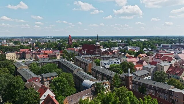 Aerial drone view of Evangelical Upper Church of St. Nikolai in Cottbus , Germany