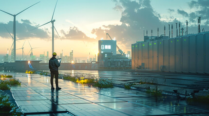 Fototapeta na wymiar engineer with a tablet in hand looking to solar string inverter with wind and solar energy plants in background, green theme, bright sky, futuristic city scape, electric cars, photovoltaic panels