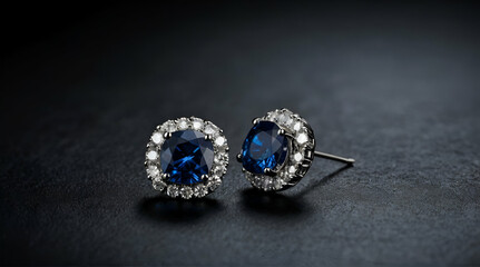 Close up diamond earrings with blue sapphire on dark background with copy space. Luxury female jewelry. generative.ai