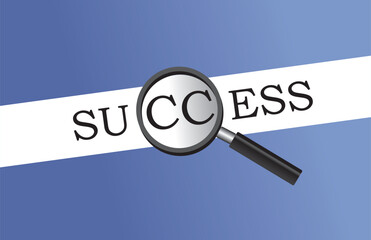 Success word under magnifying glass vector blue background.