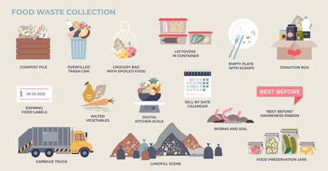 Food waste and sustainable garbage or trash management in tiny collection set