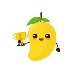 Cute happy mango fruit with gold trophy. Vector flat fruit cartoon character illustration icon design