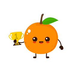 Cute happy orange fruit with gold trophy. Vector flat fruit cartoon character illustration icon design