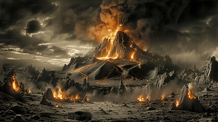 Surreal image of an erupting volcano. - obrazy, fototapety, plakaty