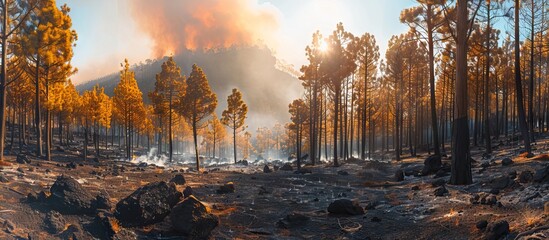 Pine forest devastated by wildfire in Tenerife, scorched trees, smoldering ground