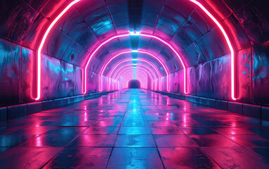 Abstract futuristic tunnel with colorful neon lights. Created with Ai