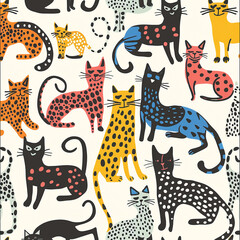 Abstract watercolor colored cats with black outline. copywriting space.
