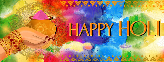 happy Holi , illustration of colorful promotional background for Festival of Colors celebration - obrazy, fototapety, plakaty