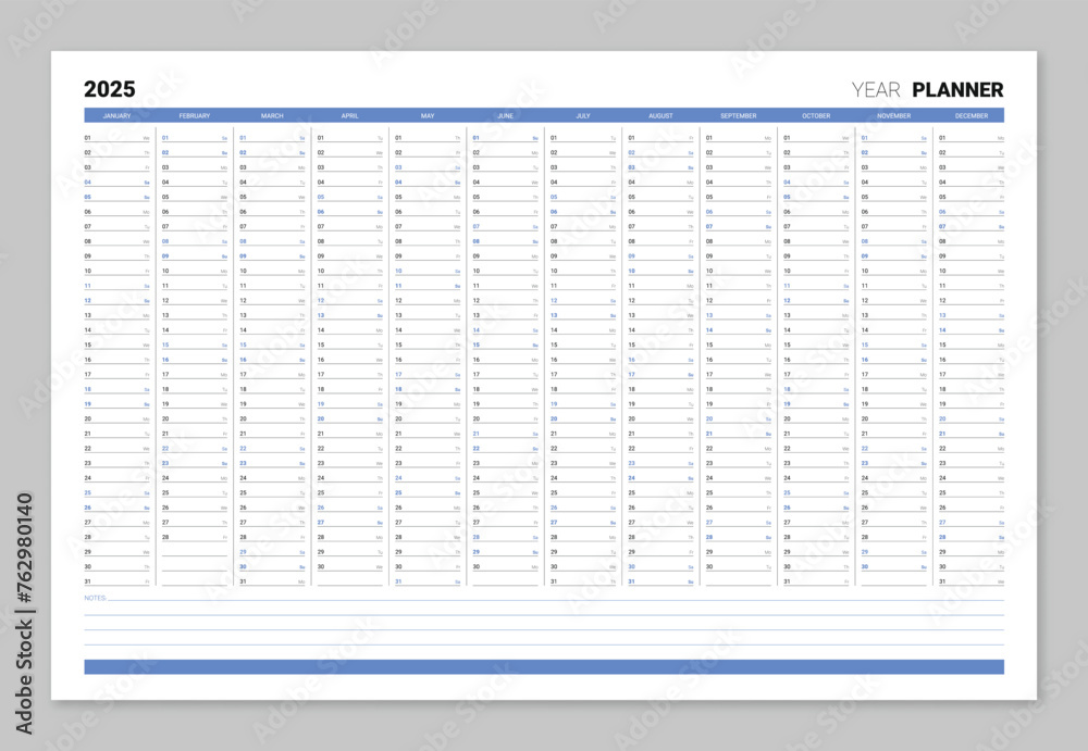 Wall mural year 2025 blue calendar with daily agenda vector illustration. schedule page journal, stationery cal