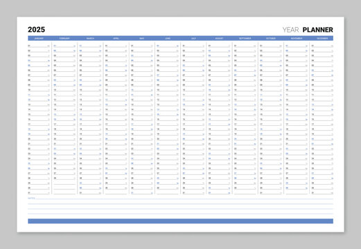 Year 2025 blue calendar with daily agenda vector illustration. Schedule page journal, stationery calendar, organizer template with twelve months. Wall planner with space for personal notes