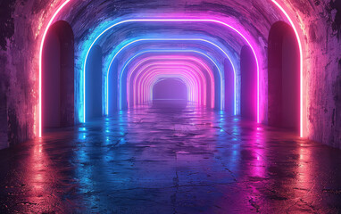 A neon corridor of graphic arches. Created with Ai