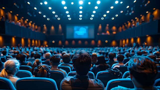 Captivating Conference Hall Filled with Engaged Audience Immersed in Technological Presentation