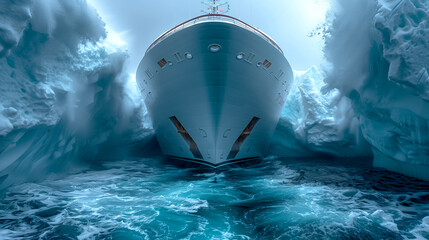Storm in the North Sea. The ship makes its way among the raging waves and ice. - obrazy, fototapety, plakaty