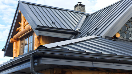 Rain gutters on a house with a metal roof.