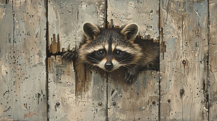 Raccoon Peeking Out of Wooden Door