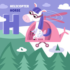 Letter H. Alphabet, card with cute cartoon style characters. Horse and helicopter. ABC. Education for children. Preschool activity. Vector illustration.