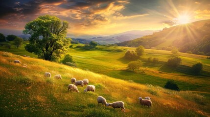Herd of Sheep Grazing on Lush Green Hillside