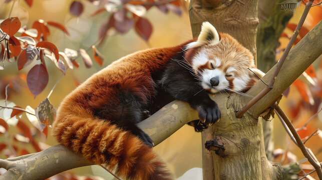 Red panda sleeping in a tree