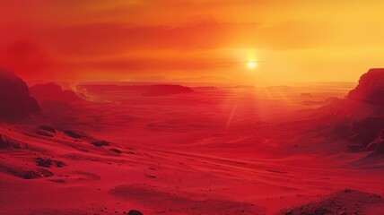 A mystical surreal sandy landscape in red and orange tones in the desert at dawn or sunset. Futuristic terrain - obrazy, fototapety, plakaty