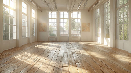 Fototapeta premium Empty room with wooden floor and windows. Created with Ai
