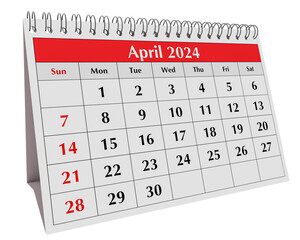 April 2024 calendar. Page of the annual business desk month calendar isolated on transparent png
