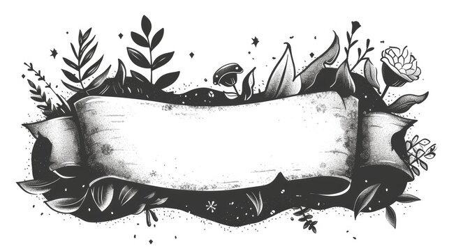 black and white illustration of banner concept filled with plants, design for decoration, banner, poster
