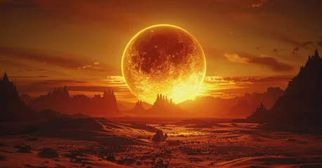 Tuinposter Baksteen A mystical surreal sandy landscape in red and orange tones in the desert at dawn or sunset. Futuristic terrain