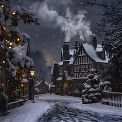 Foto op Aluminium Captivating Christmas Holiday Scene: Snowy Landscape with A Warm Timber-framed House and Christmas Tree on Foreground © Cameron