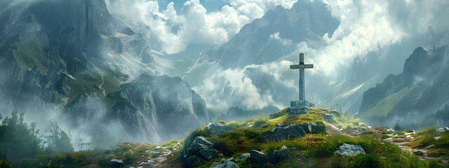 A holy cross standing tall in the midst of the mountains, exuding a sense of spirituality and reverence. Suitable for religious and spiritual themes. - obrazy, fototapety, plakaty