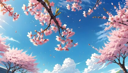 Cherry blossoms flowers with blue sky and white cloud background . Generative AI