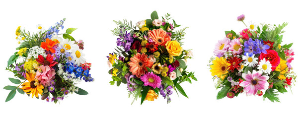Set of Flower arrangement with fresh flowers with colorful blooms and vibrant greenery isolated on transparent background. A bouquet of fresh flowers cutout PNG collection