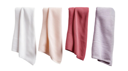 Four Different Colored Towels Hanging From a Hook. On a White or Clear Surface PNG Transparent Background..