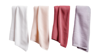 Four Different Colored Towels Hanging From a Hook. On a White or Clear Surface PNG Transparent Background..