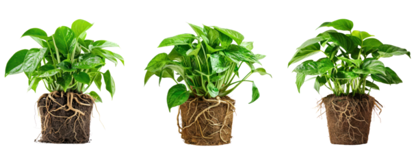 set of potted houseplant with a healthy root system isolated on transparent background. Modern Indoor plant with visible roots in soil collection 