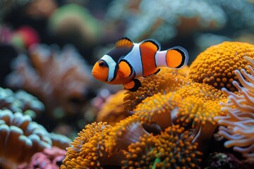 Fototapeta na wymiar Underwater Harmony: Colorful Clownfish with Bright Corals in a Marine Aquarium