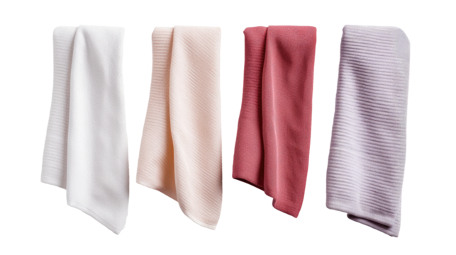 Four Different Colored Towels Hanging From a Hook. On a White or Clear Surface PNG Transparent Background..