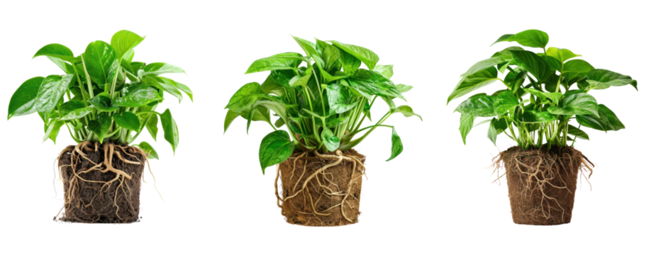 set of potted houseplant with a healthy root system isolated on transparent background. Modern Indoor plant with visible roots in soil collection 