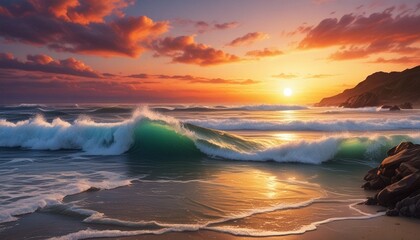 Blissful Beach Scene: The Beauty of the Sea Captured in an Unforgettable Sunset Photo