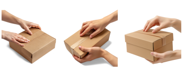 Set of Hand unboxing a Cardboard Box Package isolated on transparent background. Closeup of Hand with Cardboard Box Package collection