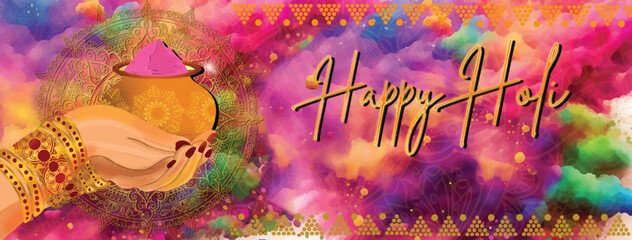 happy Holi , illustration of colorful promotional background for Festival of Colors celebration	 - obrazy, fototapety, plakaty