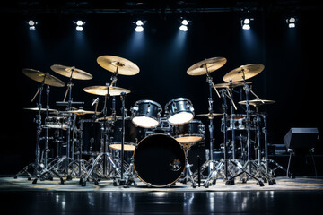 Drum kit on stage, close-up. Musical instruments.