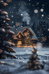 Captivating Christmas Holiday Scene: Snowy Landscape with A Warm Timber-framed House and Christmas Tree on Foreground