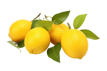 Three Lemons With Green Leaves on a White Background. On a White or Clear Surface PNG Transparent Background..