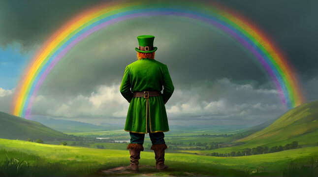 Back view of a leprechaun in green clothing observing a rainbow. Artistic digital painting with spring landscape. St. Patrick's Day and Irish folklore. generative.ai