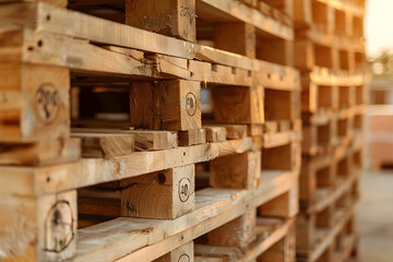 Stack of wooden pallet. Industrial wood pallet at factory warehouse.