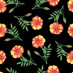 Behang Marigold Flower Seamless Pattern. Hand Drawn Floral Digital Paper on Black Background. © Irinka Dimkovna