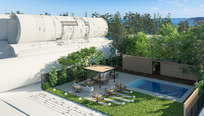 Entwurf einer Terrasse an einem Swimming Pool im Resort mit Außengastronomie (Detail) - 3D Visualisierung - 762985313